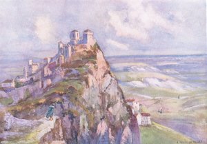 San Marino, z Hutchinsonovy malebné Evropy vydané nakladatelstvím Hutchinson & Son, kolem roku 1930 (barevné lito)