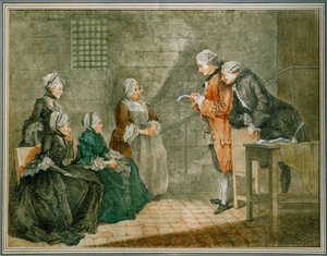 La malheureuse famille Calas - Vdova a děti Calasovi poslouchají ve věznici Conciergerie zrušení rozsudku nad otcem ... od Louis Carrogis