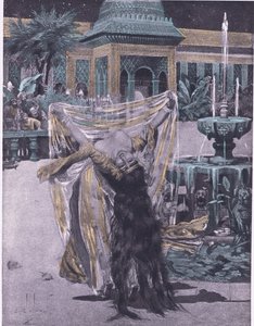 Tančící Soldán babylonské dcery, ilustrace z Dekameronu z Boccaccia vydané Navarrskou společností 30. léta (litho) od Louis Chalon