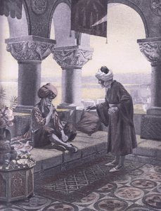 Tři prsteny, ilustrace z Dekameronu z Boccaccia vydané Navarrskou společností 1930 (litho)