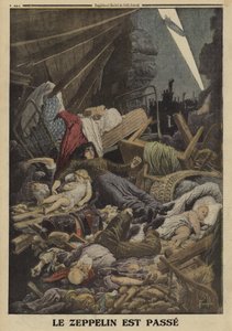 Rodina zabita při bombovém náletu německým Zeppelinem, první světová válka, 1916 (barevné lito) od Louis Charles (after) Bombled