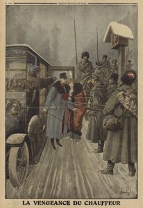 Řidič rakouského generála Skarbonoviče přivážející generála a jeho manželku do zajetí Rusů z pomsty za to, že je opakovaně bil, první světová válka od Louis Charles (after) Bombled
