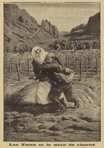Turečtí vojáci drží palbu jako zdravotní sestra Červeného kříže zachraňuje zraněného ruského vojáka ze země nikoho, Kavkazu, první světová válka