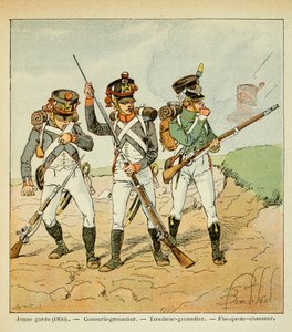 Ilustrace Bombled Louis (1862-1927) z knihy „Památník svaté Heleny“ od hraběte Emmanuela de Las Cases (1766-1842): Mladá garda z roku 1806: branný granátník; střelec granátník a lovec obránců, soukromá sbírka od Louis Charles Bombled