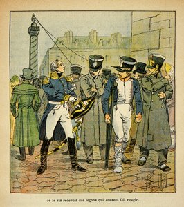 Ilustrace Bombled Louis (1862-1927) z knihy „Památník svaté Heleny“ od hraběte Emmanuela de Las Cases (1766-1842): Bývalý Napoleonův důstojník, který je v rekonstrukci, vyzývá bývalé brance, aby odmítli imperiální režim, Částečná sbírka od Louis Charles Bombled