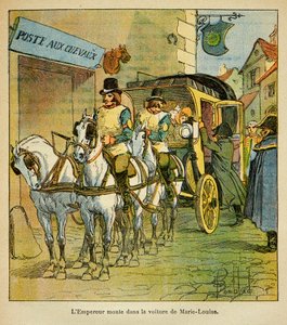Ilustrace Bombled Louis (1862-1927) z knihy „Památník svaté Heleny“ od hraběte Emmanuela de Las Cases (1766-1842): Císař Napoleon jede v autě, aby se setkal se svou ženou Marií Louise v roce 1810, Soukromá sbírka od Louis Charles Bombled