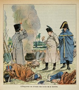Ilustrace Bombled Louis (1862-1927) z knihy „Památník svaté Heleny“ od hraběte Emmanuela de Las Cases (1766-1842): Napoleon během bivaku jí chléb vojáků, soukromá sbírka od Louis Charles Bombled