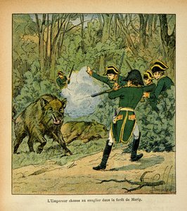 Ilustrace Bombled Louis (1862-1927) z knihy „Památník svaté Heleny“ od hraběte Emmanuela de Las Cases (1766-1842): Císař Napoleon loví kance v lese Marly, soukromá sbírka od Louis Charles Bombled