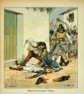 Ilustrace Bombled Louis (1862-1927) z knihy „Památník svaté Heleny“ od hraběte Emmanuela de Las Cases (1766-1842): Masakr francouzských vojáků ve Veroně, soukromá sbírka od Louis Charles Bombled