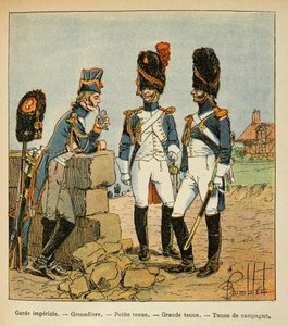Ilustrace Bombled Louis (1862-1927) z knihy „Památník svaté Heleny“ od hraběte Emmanuela de Las Cases (1766-1842): Granátníci císařské gardy: Malé oblečení; velký outfit a venkovský outfit, soukromá sbírka od Louis Charles Bombled