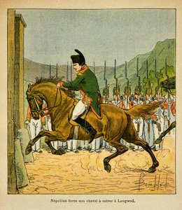Ilustrace Bombled Louis (1862-1927) z knihy „Památník sv. Heleny“ od hraběte Emmanuela de Las Cases (1766-1842): Císař Napoleon přinutí svého koně vstoupit do Longwoodu v St. Helene, soukromá sbírka od Louis Charles Bombled
