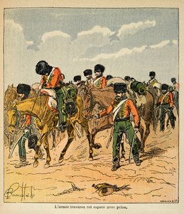 Ilustrace Bombled Louis (1862-1927) z knihy „Památník sv. Heleny“ od hraběte Emmanuela de Las Cases (1766-1842): Císařská armáda s obtížemi překračuje ruské pláně před Moskvou, Soukromá sbírka od Louis Charles Bombled