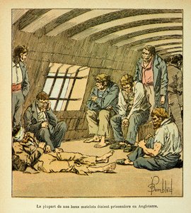 Ilustrace Bombled Louis (1862-1927) z knihy „The memorial se Sainte Helene“ od hraběte Emmanuela de Las Cases (1766-1842): Francouzští vězni na anglických pontonech, soukromá sbírka od Louis Charles Bombled
