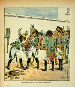Ilustrace Bombled Louis (1862-1927) z knihy „The memorial se Sainte Helene“ od hraběte Emmanuela de Las Cases (1766-1842): Císař Napoleon kontroluje školu Saint Germain, soukromá sbírka od Louis Charles Bombled