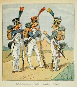 Ilustrace Bombardovaného Louise (1862-1927) z knihy „Památník svaté Heleny“ od hraběte Emmanuela de Las Cases (1766-1842): Armee Francaise: Řádová pěchota: střelec, granátník a voltiger, soukromá sbírka od Louis Charles Bombled