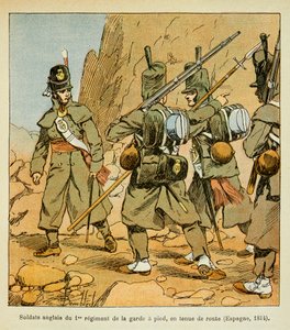 Ilustrace Bombardovaného Louise (1862-1927) z knihy „Památník svaté Heleny“ od hraběte Emmanuela de Las Cases (1766-1842): Angličtí vojáci 1. gardového pluku na silnici (Španělsko 1814), soukromá sbírka od Louis Charles Bombled