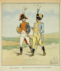 Ilustrace Bombardovaného Louise (1862-1927) z knihy „Památník svaté Heleny“ od hraběte Emmanuela de Las Cases (1766-1842): Císařská garda: Hudebníci 1. a 2. pluku granátníků, soukromá sbírka od Louis Charles Bombled