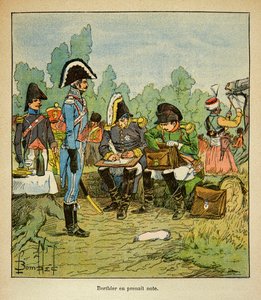 Ilustrace Bombardovaného Louise (1862-1927) z knihy „Památník svaté Heleny“ od hraběte Emmanuela de Las Cases (1766-1842): Marechal Louis Alexandre Berthier (1753-1815) zaznamenává Napoleonovy rozkazy, Částečná sbírka od Louis Charles Bombled