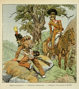 Ilustrace Bombardovaného Louise (1862-1927) z knihy „Památník svaté Heleny“ od hraběte Emmanuela de Las Cases (1766-1842): Portugalská legie: Pěchota (lovci) a kavalérie (lovci na koních), Soukromá sbírka od Louis Charles Bombled