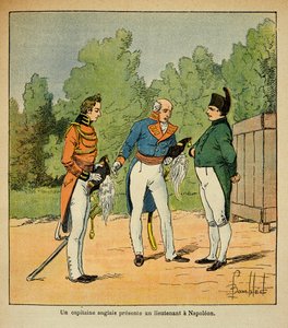 Ilustrace Bombardovaného Ludvíka (1862-1927) z knihy „Památník svaté Heleny“ od hraběte Emmanuela de Las Cases (1766-1842): Soukromá sbírka St. Helene, anglickému kapitánovi, který představuje poručíka císaře Napoleona od Louis Charles Bombled