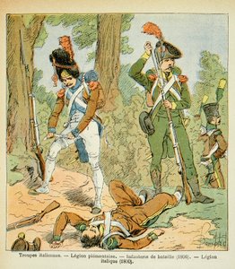 Ilustrace Bombardovaného Louise (1862-1927) z knihy „Památník svaté Heleny“ od hraběte Emmanuela de Las Cases (1766-1842): Italská vojska, Piemontaise Legion: Battle Infantry (1806, Italic Legion (1800), Private Collection od Louis Charles Bombled
