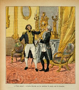 Ilustrace Bombardovaného Louise (1862-1927) z knihy „Památník svaté Heleny“ od hraběte Emmanuela de Las Cases (1766-1842): Talleyrand (1754-1838) tváří v tvář Denisu Decresovi (1761-1820) Soukromá sbírka od Louis Charles Bombled