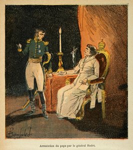 Ilustrace Bombardovaného Ludvíka (1862-1927) z knihy „Památník svaté Heleny“ od hraběte Emmanuela de Las Cases (1766-1842): zatčení papeže Pia VII generálem Stephenem Radetem (1762-1825) v roce 1809, soukromá sbírka od Louis Charles Bombled