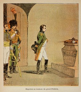 Ilustrace Bombardovaného Ludvíka (1862-1927) z knihy „Památník sv. Heleny“ od hraběte Emmanuela de Las Cases (1766-1842): Napoleon meditující nad rakví Fridricha II. Pruského v kryptě GarnisonKirche v Postupimi v 1806, Soukromá sbírka od Louis Charles Bombled