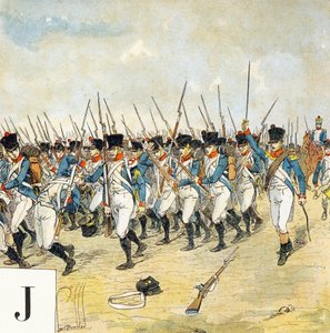 Písmeno J: Mladý strážce, "Je serai soldat" (Budu voják) - Vojenská abeceda od Louis Charles Bombled