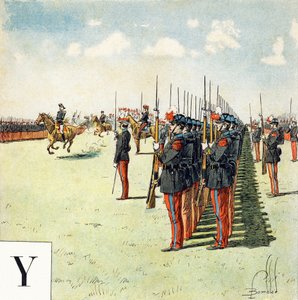 Písmeno Y: studenti vojenské školy Saint Cyr (Saint-Cyr), "Je serai soldat" (Budu voják) - Vojenská abeceda od Louis Charles Bombled