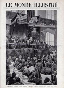 Projev Augusta Bebela (1840-1913) během socialistického kongresu v Breslau v NĚMECKU v roce 1895 - Rytina v „The Illustrous World“ z roku 1895 - Kresba Bombled. od Louis Charles Bombled