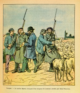 Východní Armee seržanta Eugena, dit Grenest, ilustrovaný Louisem Bombledem (1862-1927) (francouzsko-německá válka; kampaň 1870-1871): Martin mobile, přestrojený za rolníka, se zmocnil stáda ovcí vedených dvěma Prusy do Langres v listopadu 1870, priv od Louis Charles Bombled