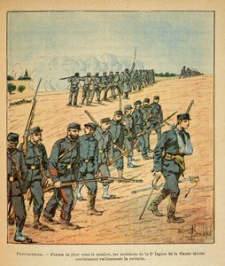 Východní Armee seržanta Eugena, známá jako Grenest, ilustrovaná Louisem Bombledem (1862-1927) (francouzsko-německá válka; kampaň 1870-1871): V Provencheres byly mobilizace 2. legie na Horní Marně nuceny ustoupit pod počet nepřátel od Louis Charles Bombled