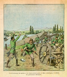 Východní armáda seržanta Eugena, známá jako Grenest, ilustrovaná Louisem Bombledem (1862-1927) (francouzsko-německá válka; kampaň 1870-1871): Oddíl francouzských motivů a odstřelovačů překročil Rýn a otřásl německými mostními dělníky, Soukromá sbírka od Louis Charles Bombled