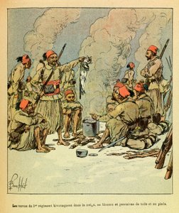 Východní Armee seržanta Eugena, známá jako Grenest, ilustrovaná Louisem Bombledem (1862-1927) (francouzsko-německá válka; kampaň 1870-1871): leden 1871, Turcos 1. pluku bivakující ve sněhu, v halenkách a kalhoty z plátna a holé poplatky od Louis Charles Bombled