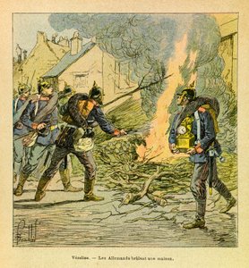 Východní Armee seržanta Eugena, známá jako Grenest, ilustrovaná Louisem Bombledem (1862-1927) (francouzsko-německá válka; kampaň 1870-1871): Ve Vezelise Prusové po invazi do města spálili dům, soukromá sbírka od Louis Charles Bombled