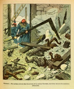 Východní Armee seržanta Eugena, známá jako Grenest, ilustrovaná Louisem Bombledem (1862-1927) (francouzsko-německá válka; kampaň 1870-1871): leden 1871, bitva u Villersexelu, francouzští vojáci odnášejí z domu pozůstatky Němců vojáci, vojín C od Louis Charles Bombled