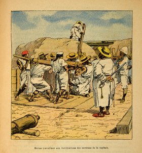 Válka na Madagaskaru - neoficiální historie francouzských expedic 1885-1895 od Henri Galli dit Galllichet (1854-1922), ilustrovaný Louisem Bombledem (1862-1927): Hovas pracující na opevnění hlavního města v roce 1895, Soukromá sbírka od Louis Charles Bombled