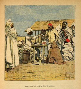 Válka na Madagaskaru - neoficiální historie francouzských expedic 1885-1895 od Henri Galli dit Galllichet (1854-1922), ilustrované Louisem Bombledem (1862-1927): Návštěva vojenského lékaře Convoyeurs Kabiles, soukromá sbírka od Louis Charles Bombled