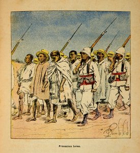 Válka na Madagaskaru - neoficiální historie francouzských expedic 1885-1895 od Henri Galli dit Galllichet (1854-1922), ilustrované Louisem Bombledem (1862-1927): Hovas Prisoners v roce 1895, soukromá sbírka od Louis Charles Bombled