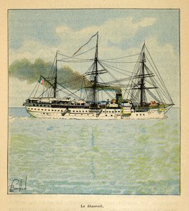 Válka na Madagaskaru – neoficiální historie francouzských expedic v letech 1885-1895 od Henri Galli dit Galllichet (1854-1922), ilustrované Louisem Bombledem (1862-1927): Nemocniční loď „Shamrock“ na cestě na Madagaskar, soukromá sbírka od Louis Charles Bombled