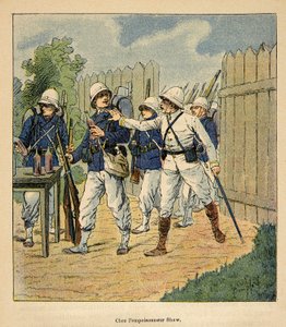 Válka na Madagaskaru – neoficiální historie francouzských expedic 1885-1895 od Henri Galli dit Galllichet (1854-1922), ilustrovaná Louisem Bombledem (1862-1927): Francouzské jednotky u jedu Shaw v roce 1884 (anglický metodistický pastor, který měl vlevo ot od Louis Charles Bombled