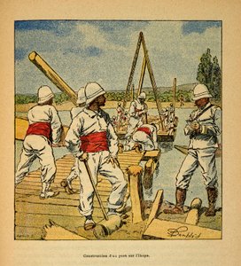 Válka na Madagaskaru - neoficiální historie francouzských expedic 1885-1895 Henri Galli dit Galllichet (1854-1922), ilustrovaný Louisem Bombledem (1862-1927): Stavba mostu džinem na řece Ikopa v roce 1895, Soukromá sbírka od Louis Charles Bombled