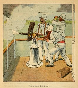 Válka na Madagaskaru – neoficiální historie francouzských expedic 1885-1895 od Henri Galli dit Galllichet (1854-1922), ilustrované Louisem Bombledem (1862-1927): Dělo střílené na Hovas na palubě canoniere „“ La Brave „“ v roce 1895, Soukromá sbírka od Louis Charles Bombled