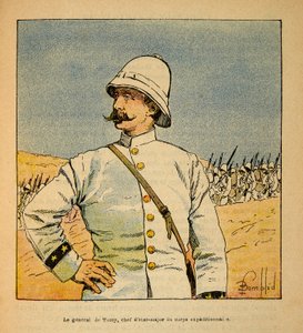 Válka na Madagaskaru-neoficiální historie francouzských expedic 1885-1895 od Henri Galli dit Galllichet (1854-1922), ilustrovaný Louis Bombled (1862-1927): Portrét generála De Torcy (1844-1918), náčelníka štábu expedičního sboru v Madagu od Louis Charles Bombled