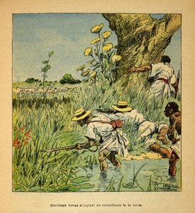 Válka na Madagaskaru – neoficiální historie francouzských expedic v letech 1885-1895 od Henri Galli dit Galllichet (1854-1922), ilustrované Louisem Bombledem (1862-1927): Hovas Tirailleurs útočící na vojenskou budovu a silnici v roce 1895, Soukromá sbírka od Louis Charles Bombled