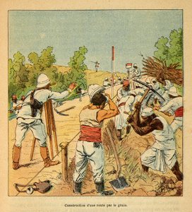 Válka na Madagaskaru - neoficiální historie francouzských expedic 1885-1895 od Henri Galli dit Galllichet (1854-1922), ilustrované Louisem Bombledem (1862-1927): Stavba silnice na Madagaskaru od Genie v roce 1895, soukromá sbírka od Louis Charles Bombled