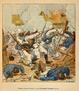 Válka na Madagaskaru - neoficiální historie francouzských expedic 1885-1895 od Henri Galli dit Galllichet (1854-1922), ilustrované Louisem Bombledem (1862-1927): Zranění poručíka Forestona během bitev u Ambolomonty v roce 1895, Soukromá sbírka od Louis Charles Bombled