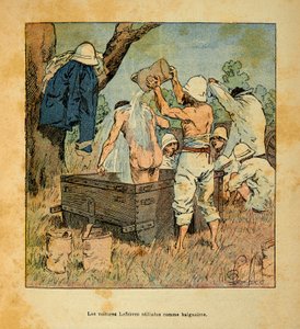 Válka na Madagaskaru - neoficiální historie francouzských expedic 1885-1895 od Henri Galli dit Galllichet (1854-1922), ilustrované Louisem Bombledem (1862-1927): Vozy Lefebvre používané jako vana vojáky v roce 1895 na Madagaskaru, Soukromá sbírka od Louis Charles Bombled