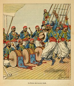Válka na Madagaskaru – neoficiální historie francouzských expedic v letech 1885-1895 od Henri Galli dit Galllichet (1854-1922), ilustrované Louisem Bombledem (1862-1927): Devět Turků na palubě lodi plující na Madagaskar, soukromá sbírka od Louis Charles Bombled